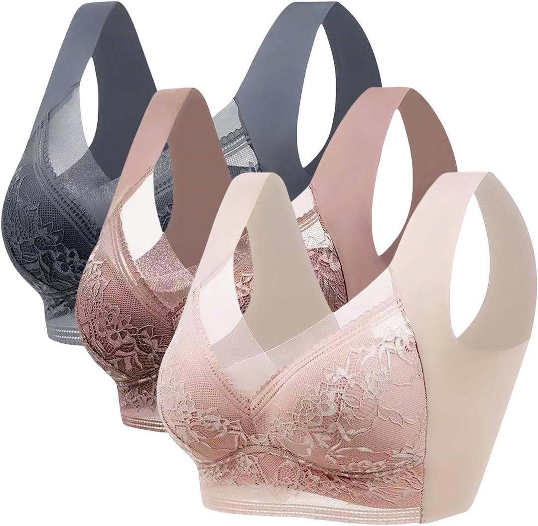 3pcs Set Wireless Bras for Women Floral Lace Full Coverage Bralettes Soft Breathable Support Wirefree Women's Everyday Bras (X-Large, Powder+brown+grey)