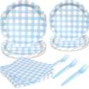 96Pcs Blue Gingham Plates and Napkins Forks Lace Plaid Paper Plates for 24 Guest Picnic Wedding Baby Shower Tea Kids Birthday Party Supplies Decrations