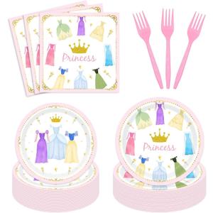 Princess 96Pcs Birthday Party Paper Plates and Napkins for Girls - 24 Dinner Plates, 24 Dessert Plates, 24 Napkins, 24 Plastic Forks - Pink, Cartoon Pattern - Girl Birthday Party Decoration