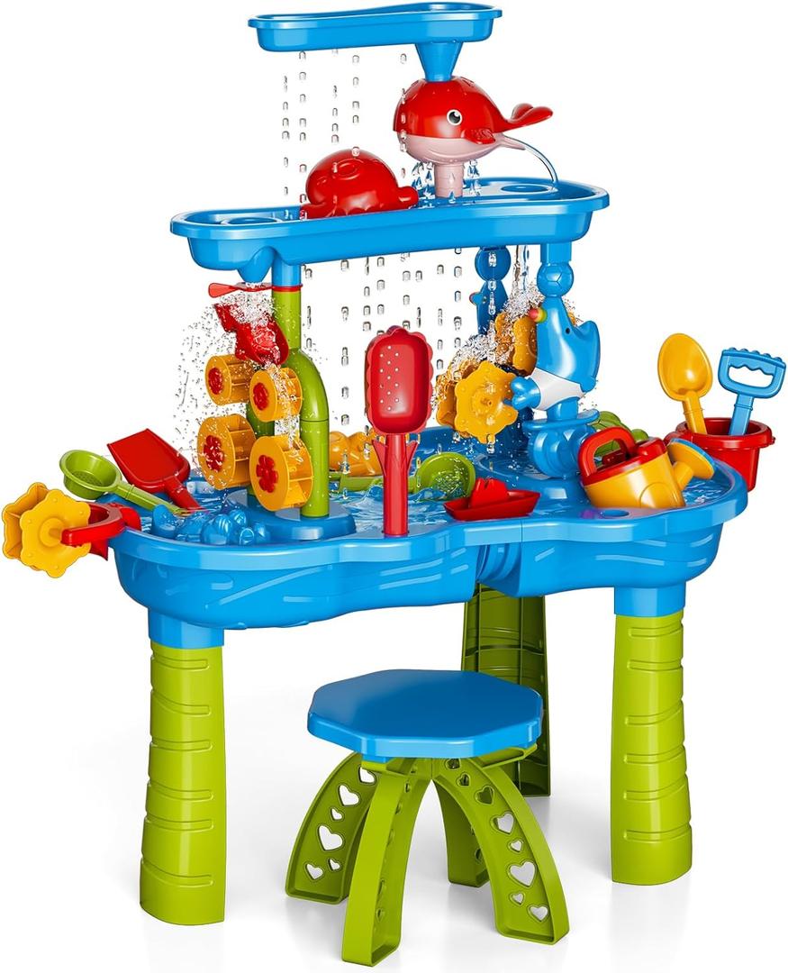 Lucky Doug Kids Sand Water Table for Toddlers, 3-Tier Sand and Water Play Table Toys for Toddlers Kids, Kids Beach Play Set, 3 4 5 6 7 Years Old Boys Girls Outdoor Toys