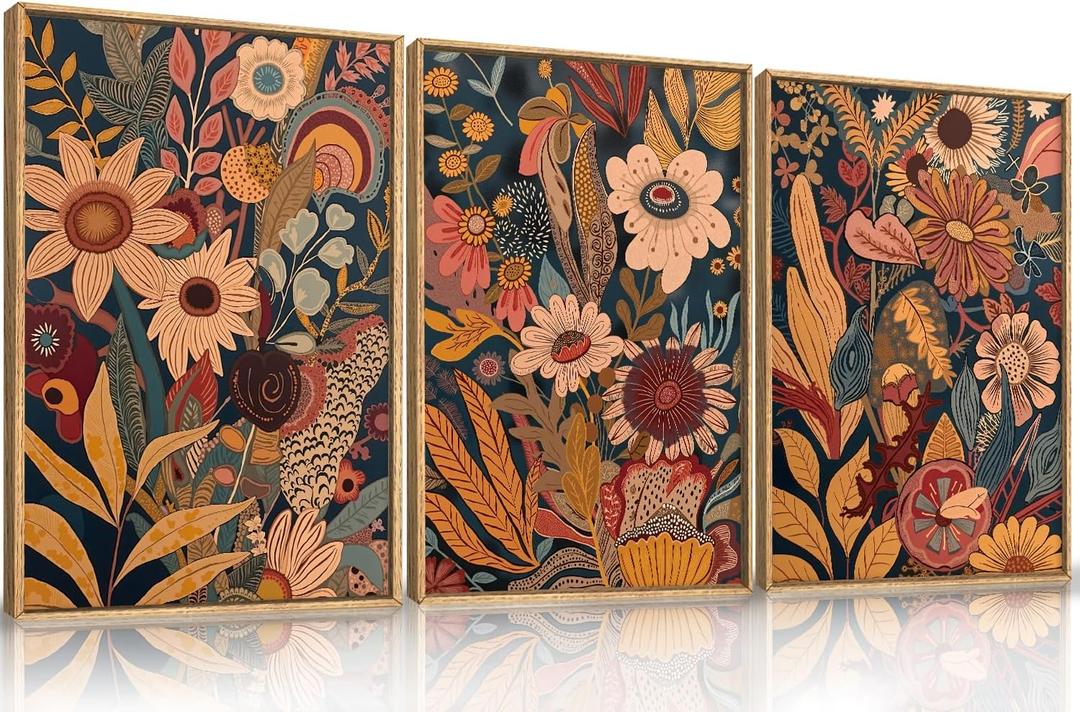 HOURIA Large Orange Flower Framed Canvas Wall Art Set,Boho Mid Century Modern Floral Botanical Wall Decor,Retro Vintage Blossom Artwork,Neutral Plant Art Print for Living Room,Bedroom,Office-16"x24"x3