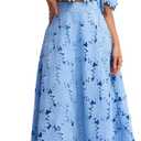 NIFTRIRY Two Piece Sets for Women Dressy Solid Color Embroidered Short Sleeve Crop Top and Maxi Skirt Suit Summer outfits (Large, Blue)