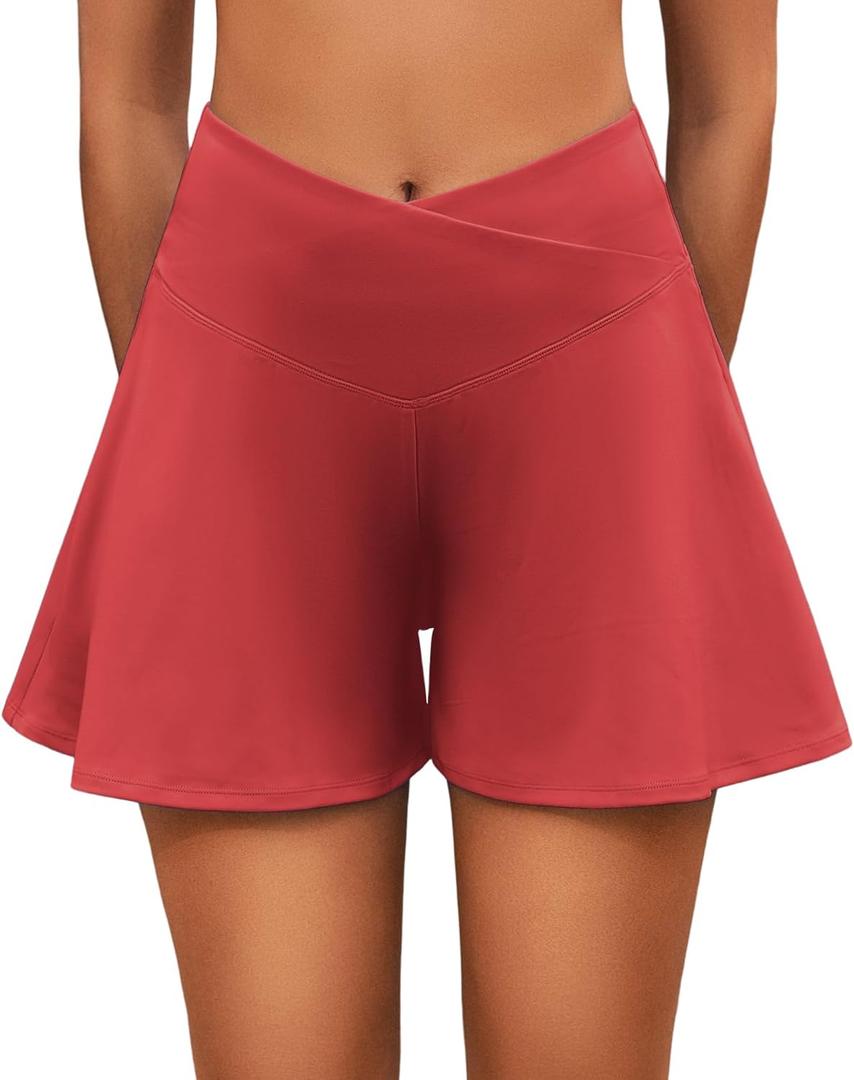 Flowy Shorts for Women with Pockets,Womens High Waisted Crossover Tennis Skorts Running Athletic Shorts (Large, Red)