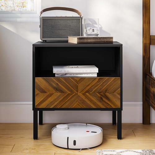 Bme Vivian Solid Wood Nightstand, End Table, Bedside Table with Herringbone Pattern for Rustic Bedroom, Easy Assembly, Rustic Golden Brown and Black (1-Drawer)