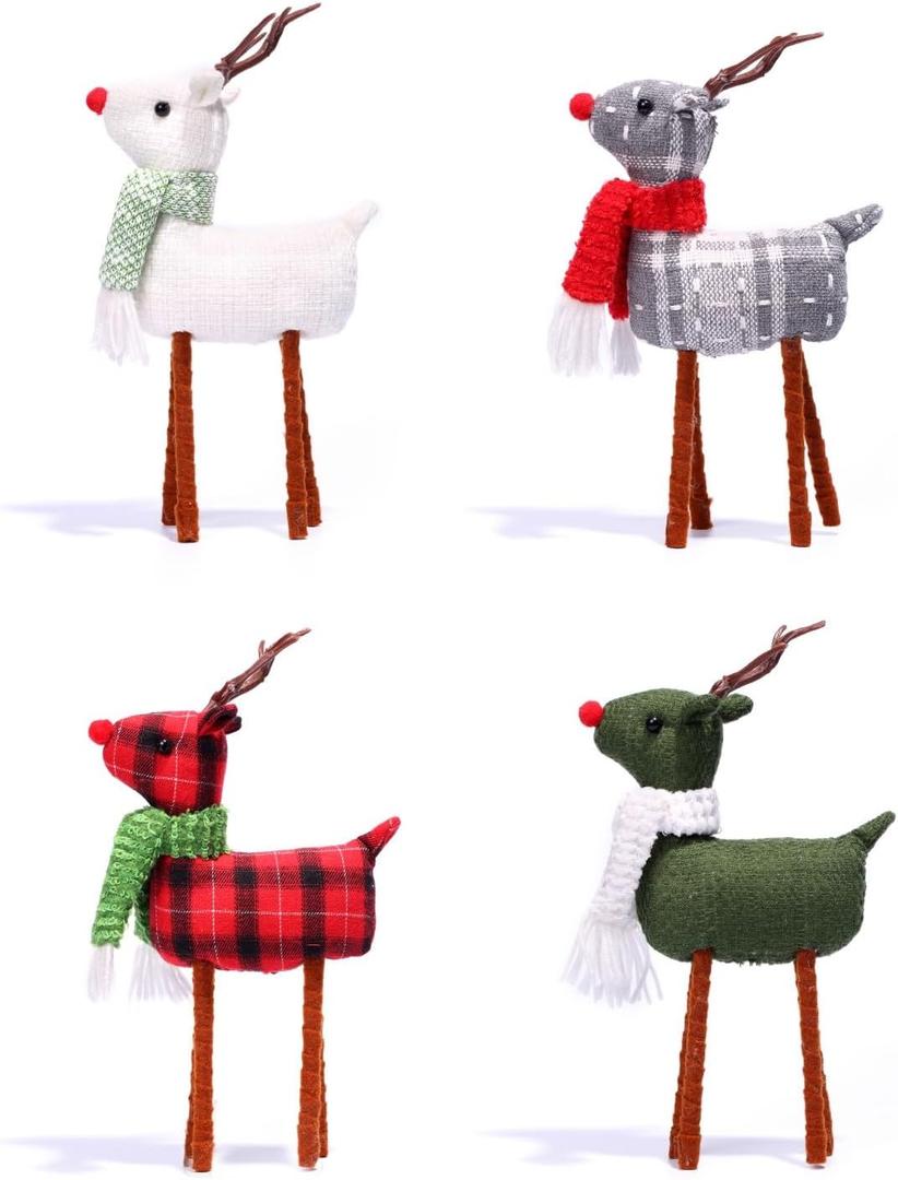 Set of 4 Reindeer Christmas Decoration, Standing Christmas Elk Decor, Handmade Plush Swedish Santa Elk Figurines Christmas for Home Indoor