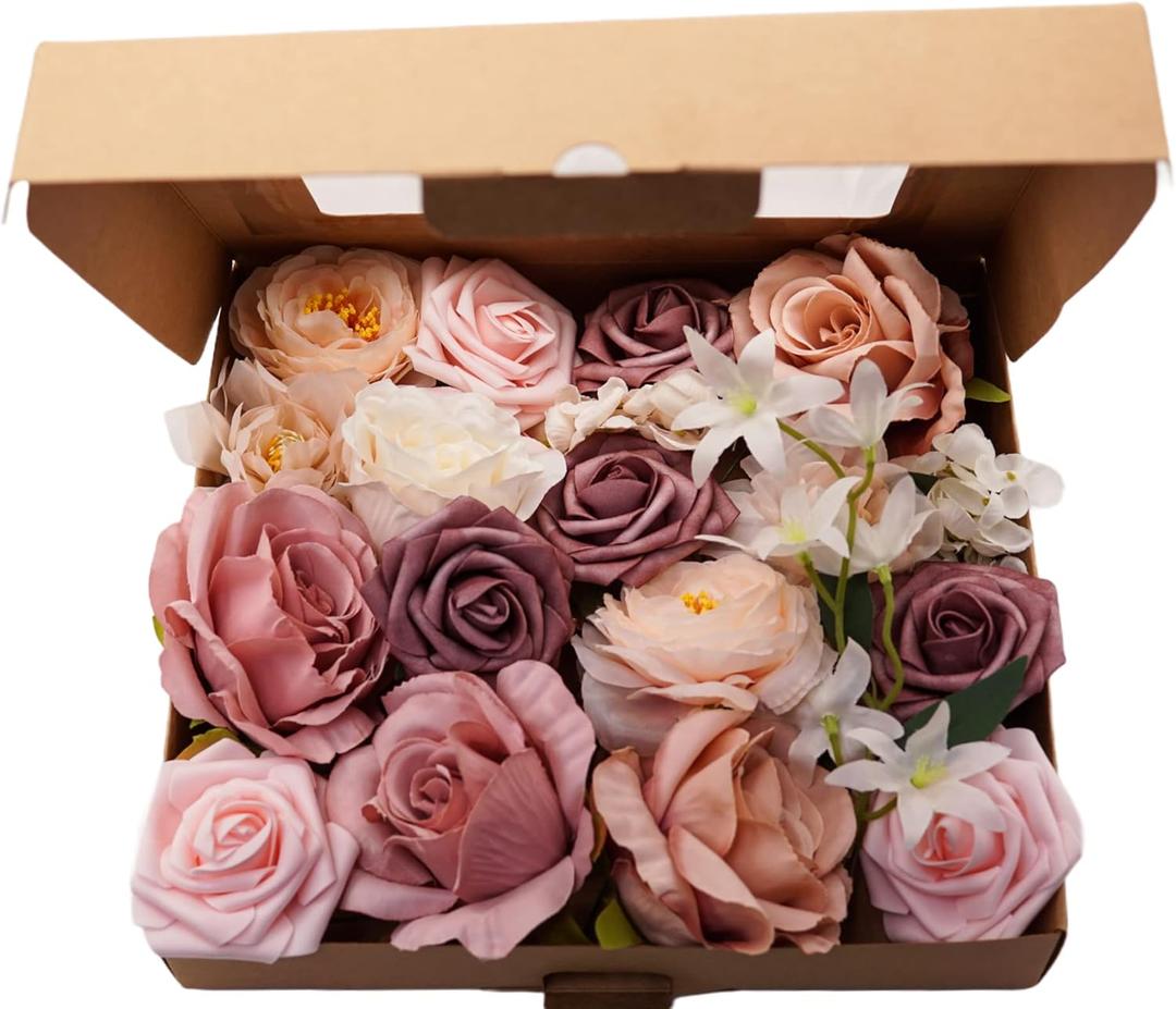 Lassos Boutique Assorted Articial Flowers Foam Rose with Stems for DIY Wedding Centerpieces, Bridesmaids Bouquets, Bridal Shower Decoration (Dusty Rose-Mauve)