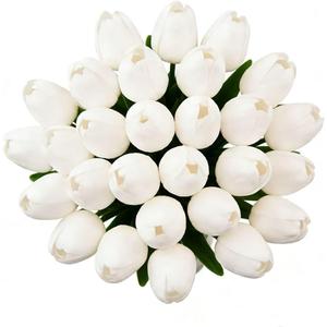 28 Pcs PU Faux Silk Artificial Tulipanes 13.5 Inches - Simulation Flowers for Spring Easter Celebration Mothers Day Brunch Table DecorWhite