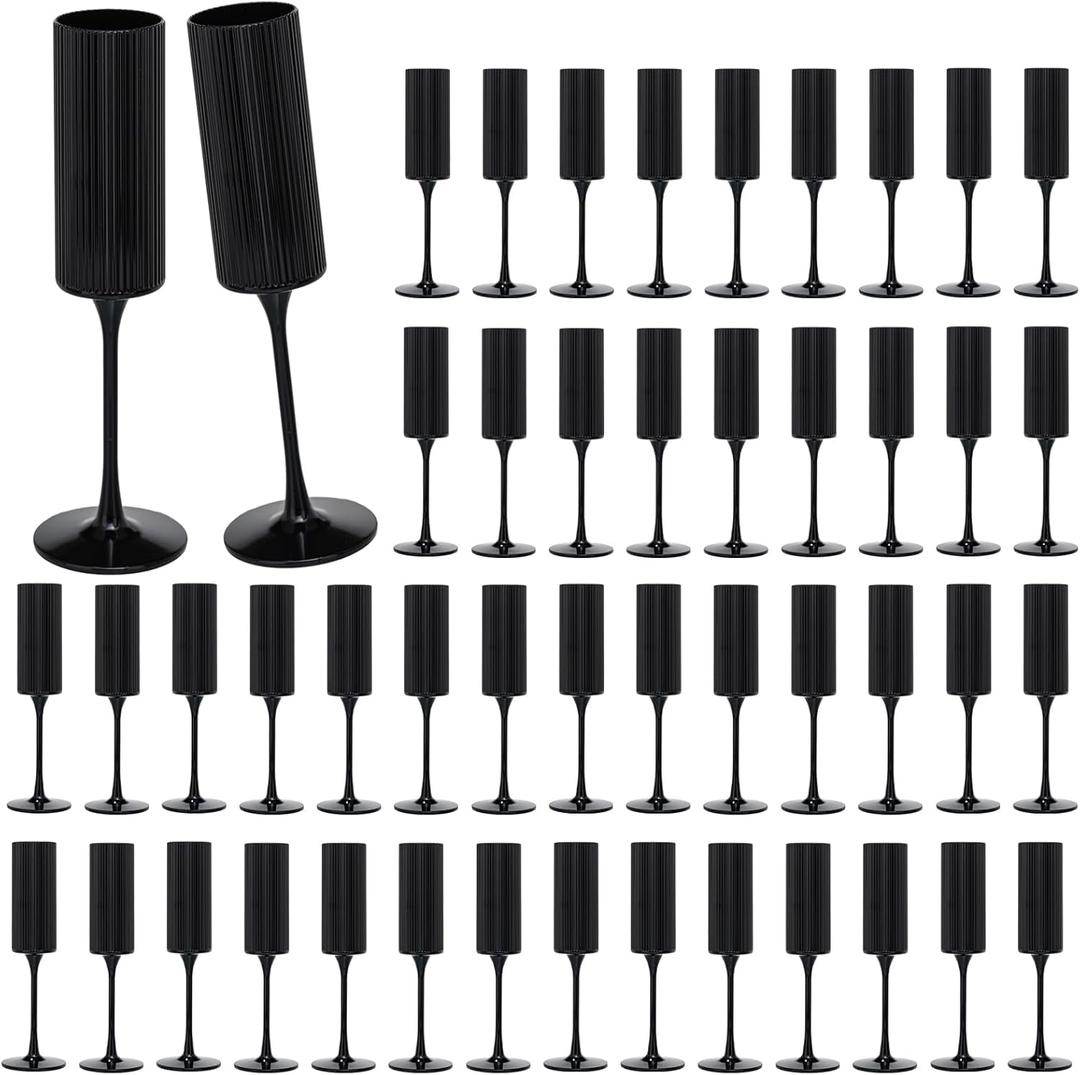 48 Pack Champagne Flutes, 6 OZ Plastic Glasses - Reusable, Elegant for Wedding Reception, Birthday, Toasting, Parties - Vintage Mimosa Stemware with Long Stem, Party Bar Supplies, Vibrant Black
