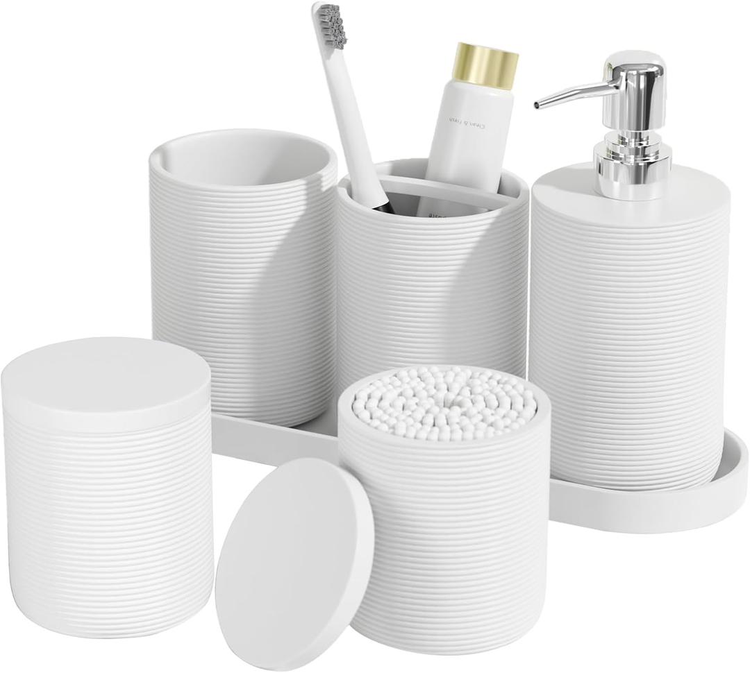 6-Piece Bathroom Accessory Set Resin, White Bath Accessories Complete with Toothbrush Holder, Lotion Soap Dispenser, 2 Qtip Holders, Vanity Tray, Bathroom Tumbler - Countertop Vanity Organizer