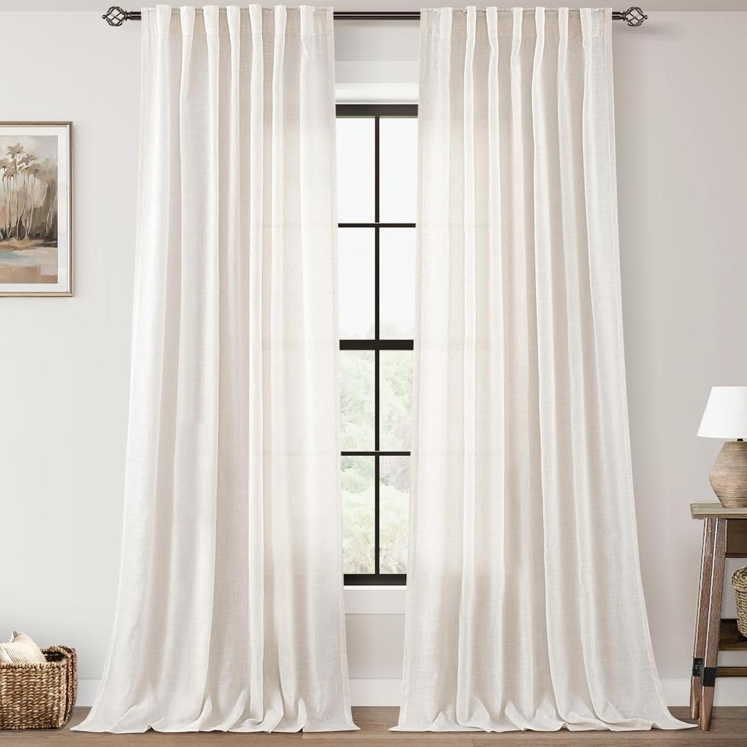 96 inch Long Linen Curtains 2 Panels for Living Room Back Tab Cream Ivory Light Filtering Semi Sheer Curtain 96 inches Long Boho Farmhouse Rustic Linen Drapes Floor to Ceiling Length 8 FT, 52"W x 96"L