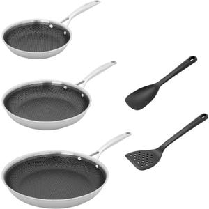HENCKELS Paradigm 5-pc Cookware Set, Nonstick Frying Pan and Silicone Utensil Set, 3-Ply Stainless Steel Skillets for Induction Cooktop, Gas & Electric Stovetops  Dishwasher Safe & Oven Safe