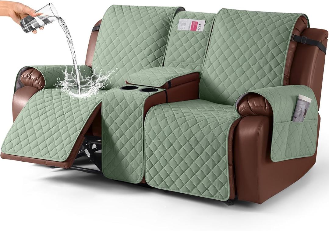 KinCam 100% Waterproof Recliner Loveseat Cover with Console, Non-Slip Reclining Couch Covers for 2 Seat, Recliner Sofa Cover Furniture Protector with Elastic Straps for Kids, Pets, Sage Green