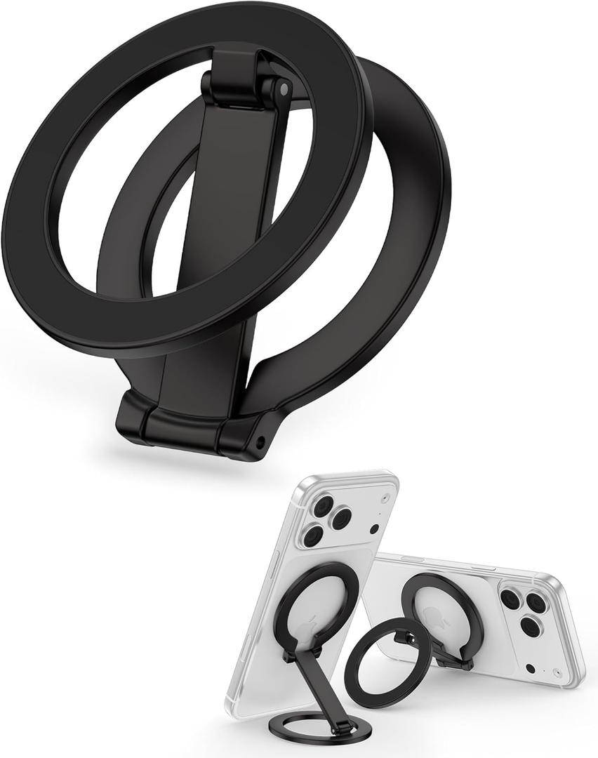 Magnetic Phone Grip for Magsafe, Foldable 360Rotation Kickstand Mag Safe iPhone Stand, Dual-Sided Magnet Finger Loop Cellphone Ring-Style Holder for Apple 17/16/15/14/13/12 Series&MagSafe Car Mount (Black)