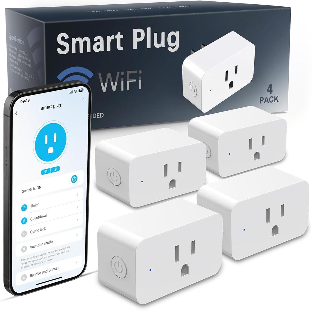 4 Pack Smart Plugs, WiFi Outlets Work with Alexa&Google Assistant,15A/1800W Max, Smart Sockets with Remote Control, Timer Plug with Group Control, No Hub Required, ETL & FCC Certified, 2.4ghz only