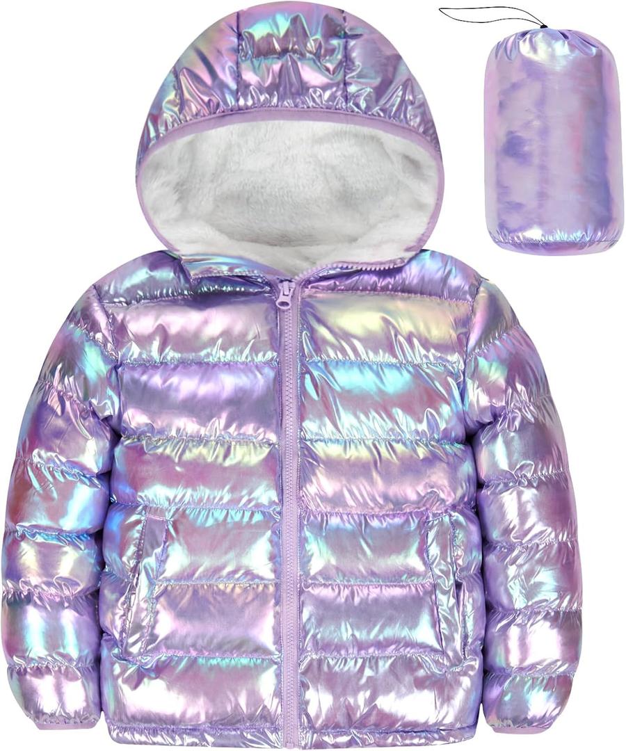 Lovekider Winter Coat for Girls Puffer Jacket, Size 6 7 Kids, Metallic Shine Hooded Outwear for Outdoor and Indoor Purple
