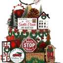 17 Pcs Christmas Tiered Tray Decor Set Winter Tiered Tray Decorations Farmhouse Tabletop Centerpiece Christmas Wooden 3D Sign for Xmas Home Buffalo Plaid Rustic Table Decoration(Fresh)