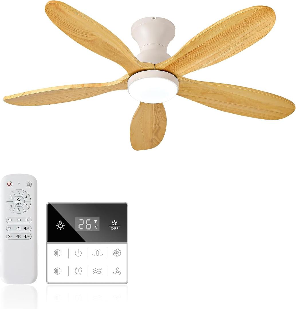 42-Inch Ceiling Fan with Lights, Remote Control, Flush Mount, Dimmable, Reversible, Wood Blades, Power-Off Memory, Quiet DC Motor Modern Hugger Ceiling Fan for Living Room, Bedroom, Patio