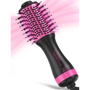 Mini Travel Hair Dryer Brush, 2Inch Oval Blow Dryer Brush for Short to Medium Hair, Dual Voltage 120–240V Hot Air Brush with Ceramic Coating, Smooth Blowouts, Black &Pink