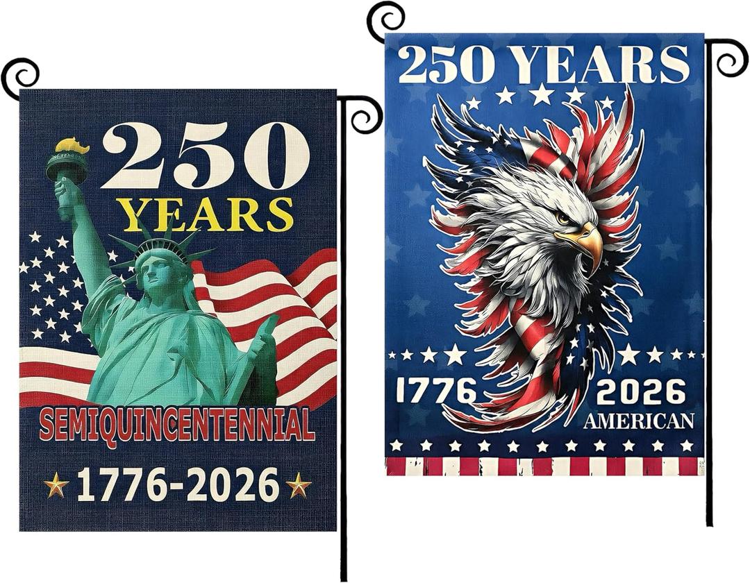2PCS 250th Anniversary American Garden Flag,July 4th Independence Day Patriotic Banner,Double-Sided Waterproof 1776-2026 Commemorative Flags