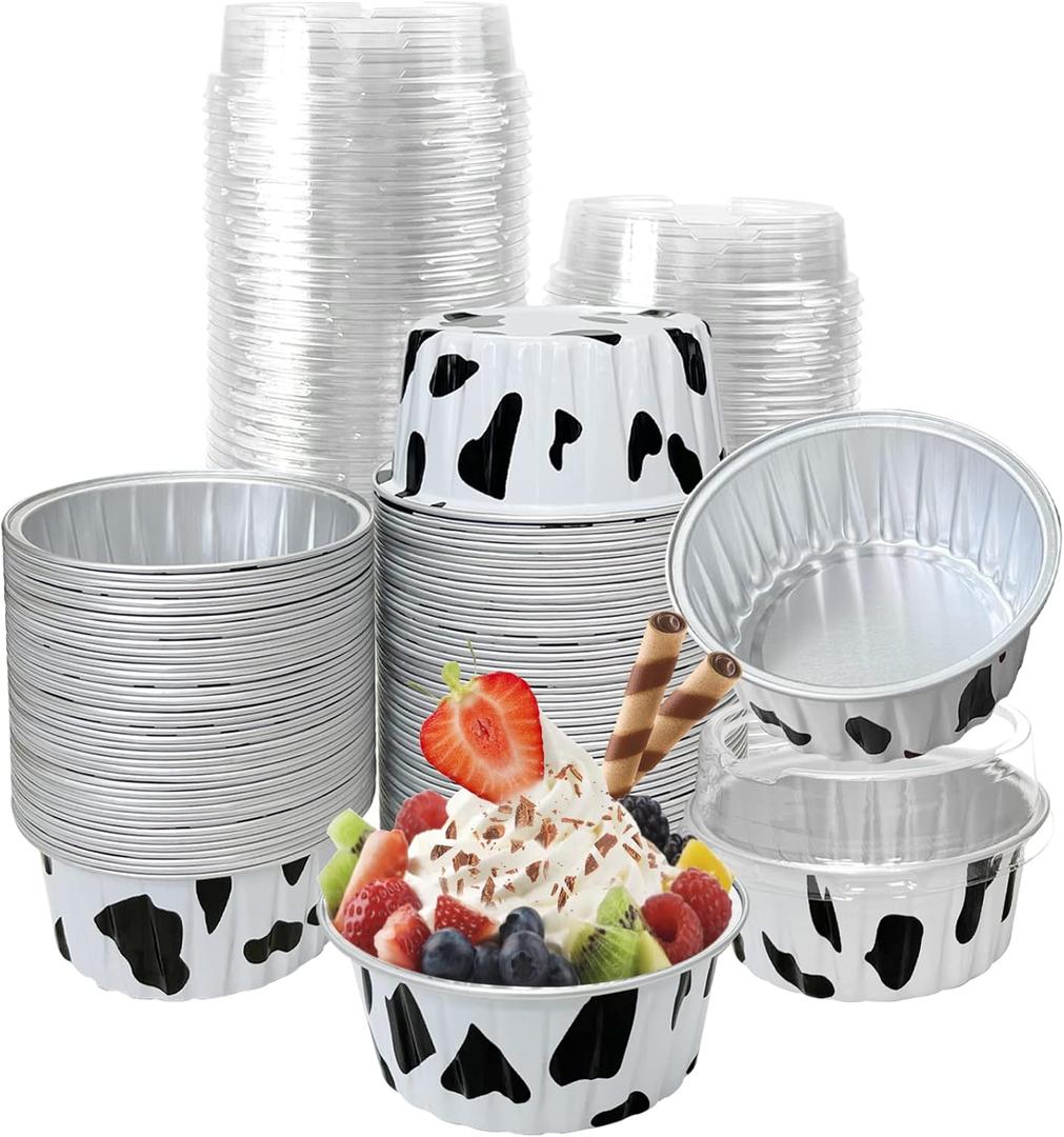 Cow Print Aluminum Foil Cups with Lids, 1.6 oz Heavy Duty Ramekins for Baking, Disposable Mini Cupcake Containers for Farm Theme Party, Rustic Wedding, Baby Shower