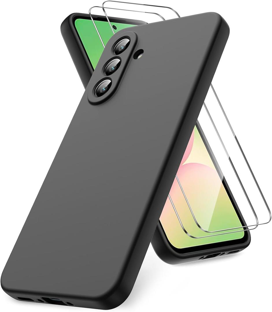 for Samsung Galaxy A56 5G Case, 2 Pack Tempered Glass Screen Protectors, Soft TPU Liquid Silicone Case, Shockproof Rubber Silicone Gel Shell-Black