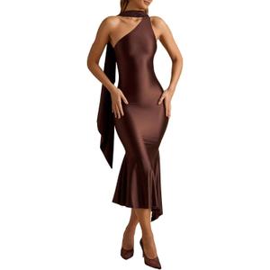 ABYOVRT Women Formal Satin Dress One Shoulder Asymmetrical Scarf Mermaid Hem Midi Dress Cocktail Prom Gown (Large, Brown)