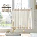 LIMON HOME Beige Striped Linen Kitchen Curtains 36" W x 20" L Pinch Pleat Cafe Curtains 1 Panels
