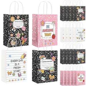 24Pcs Welcome Back to School Gift Bags,Teacher Appreciation Gift, Composition Notebook Pattern Paper Bags with Handles, Year Treat Bag for Back to School Graduation Retirement Wrapping Supplies, 15 x 21x 8 cm