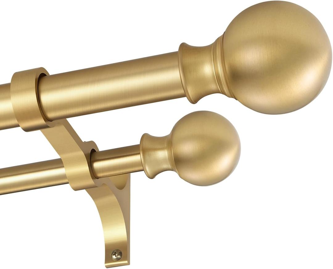 Double Curtain Rods 36-72 Inches with Round Finials, 1 Inch Heavy Duty Drapery Rod with Unique Aluminum Alloy Brackets for Windows, Sliding Door, Patio, Bedroom, Living Room Decoration, Brushed Gold