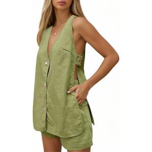 Tankaneo Womens Summer Vacation Outfits Beach Travel Cruise Resort Wear 2 Piece Short Sets Casual Tank Tops and Shorts (Green, Medium)