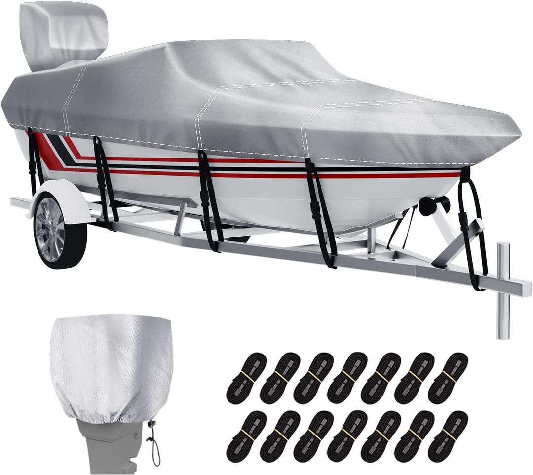 VINPATIO Boat Cover with Motor Cover, 12-14 ft Heavy Duty 100% Waterproof Boat Covers Marine Grade Bass Boat Cover Fits V-Hull Runabout Fishing Ski Pro-Style Bass Boats, Beam Width up to 68"