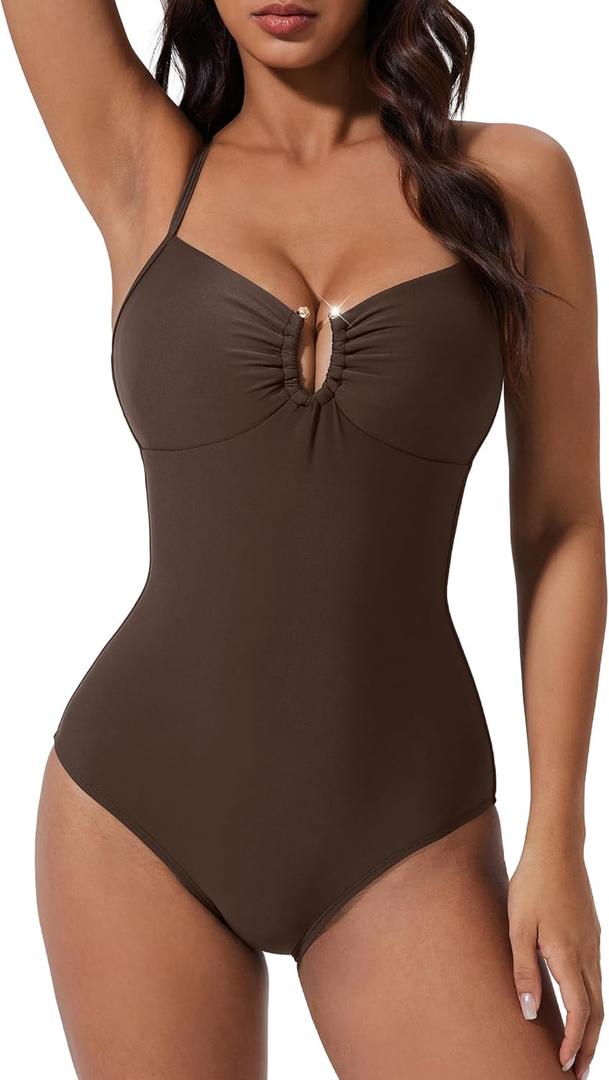 SUUKSESS Women Tummy Control One Piece Swimsuit Slimming Cut Out Bathing Suit (Medium, 163 Brown)