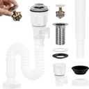 Bathroom Sink Drain Kit, Flexible P-Trap Sink Drain Pipe with Pop Up Stopper, Bathroom Sink Pipe Replacement Kit for 1-1/4'' & 1-1/2'' Holes, Anti-Clogging Stopper (White)