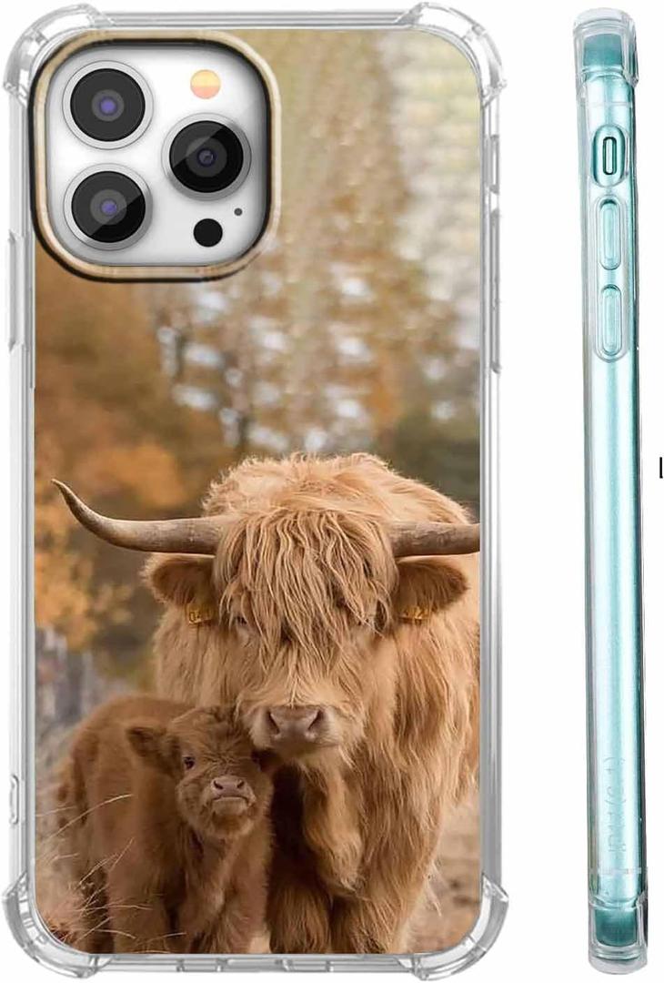 Case for iPhone 15 Pro Max with Cow Design,Cute Highland Cattle Family Pattern for Men Women,Clear Slim Soft TPU Bumper Case,6.7”(Cow,15pm)