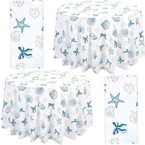 Chumia 2 Pcs Coastal Tablecloth White and Blue Bachelorette Tablecloth Disposable Plastic Waterproof Table Covers Dinner Party Setting Floral Wedding Bridal Home Party(Round Shell)