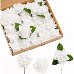 Ling's moment Flowers 25pcs 2.7" Fake Gardenia White Artificial Flowers with Stem, Fake Flowers for DIY Wedding Decorations Centerpieces Bouquets BoutonnieresFlores Artificiales para Decoracion