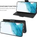 Bocasal Wallet Case for Galaxy S22 5G, Genuine Leather Support Wireless Charging RFID Blocking Flip Case Card Slots Holder, Kickstand Book Folding Folio Cover with Wrist Strap 6.1 Inch (Black)