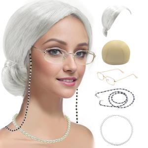 Cupohus Old Lady Costume Set Grandma Wig Granny Wig Cap Madea Granny Glasses Eyeglass Chains Cords Faux Pearl Bead Necklace Old Lady Cosplay Set 5 Pieces (silver white bun)