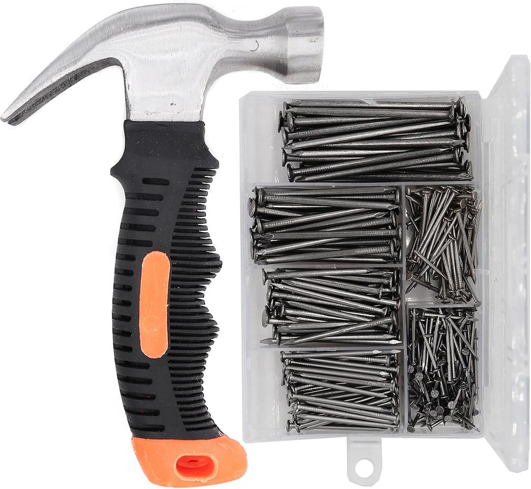 Picture Hanging Kit, cSeao 415 Pieces Hardware Nail Assortment Kit & 8oz Claw Hammer,Mini Hammer with Anti-Slip Handle,Common Nails, Wood Nails, Picture Hanging Nails, Wall Nails for Hanging