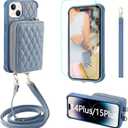 MONASAY Zipper Wallet Case Compatible for iPhone 15 Plus/14 Plus,6.7in[Screen Protector][RFID Blocking]Flip Leather Handbag Phone Cover with Card Holder&Detachable Crossbody Lanyard Strap, Light blue