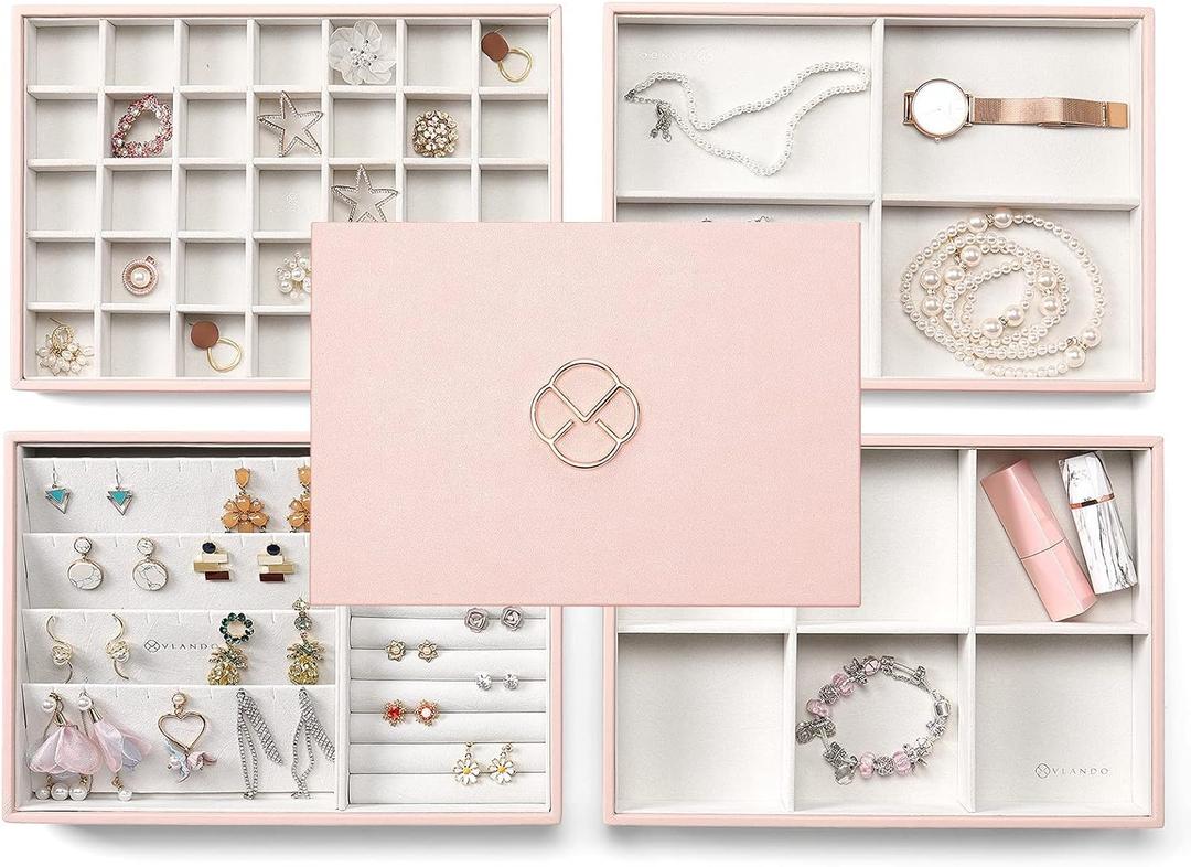 Vlando Jewelry Organizer - Stackable Trays for Drawer - Pink