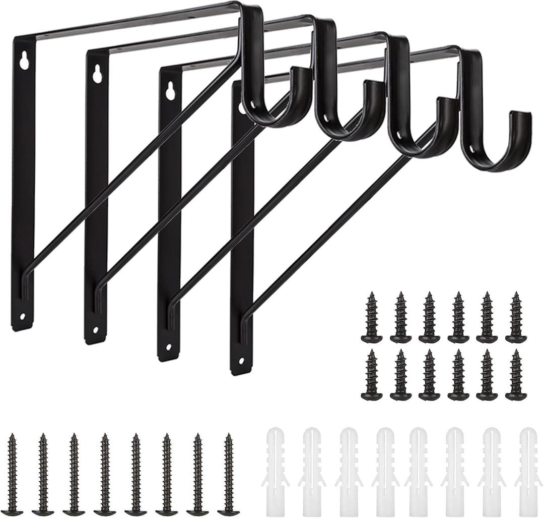 4 Pack Heavy Duty Closet Shelf & Rod Brackets, Wall Mounted Closet Shelf Brackets, 11 x 11 Inch Closet Shelf Brackets with Rod Support, Black (4 Pack-Black)