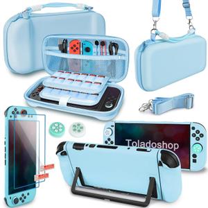 Toladoshop Carrying Case for Switch 2 (2025), Travel Bag Bundle with 24 Game Card Slots, Shoulder Strap, Wrist Strap, Protective Case and Screen Protectors Accessories, Blue
