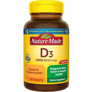Nature Made Vitamin D3 2000 IU (50 mcg), Vitamin D Supplement for Bone, Teeth, Muscle and Immune Health Support, 220 Tablets, 220 Day Supply