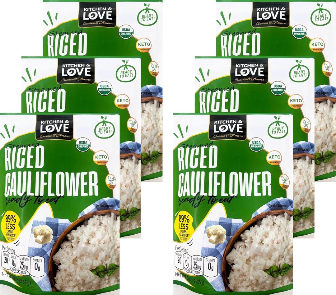 Kitchen & Love Organic Riced Cauliflower 8 oz (6 Pack) | Low Carb, Low Calorie, Healthy Rice Alternative, Vegan, Gluten Free, Ready to Eat & Microwaveable, Dairy Free, Shelf Stable (BBD 04/29/2028)