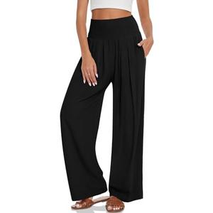 UEU Women's Linen Palazzo Pants Wide Leg High Waisted Lounge Casual Beach Pants with Pockets S