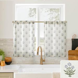 Kitchen Window Curtains Over Sink,Small Floral Farmhouse Cafe Curtains 24 Inch Length Sets for Windows (Blue Green)