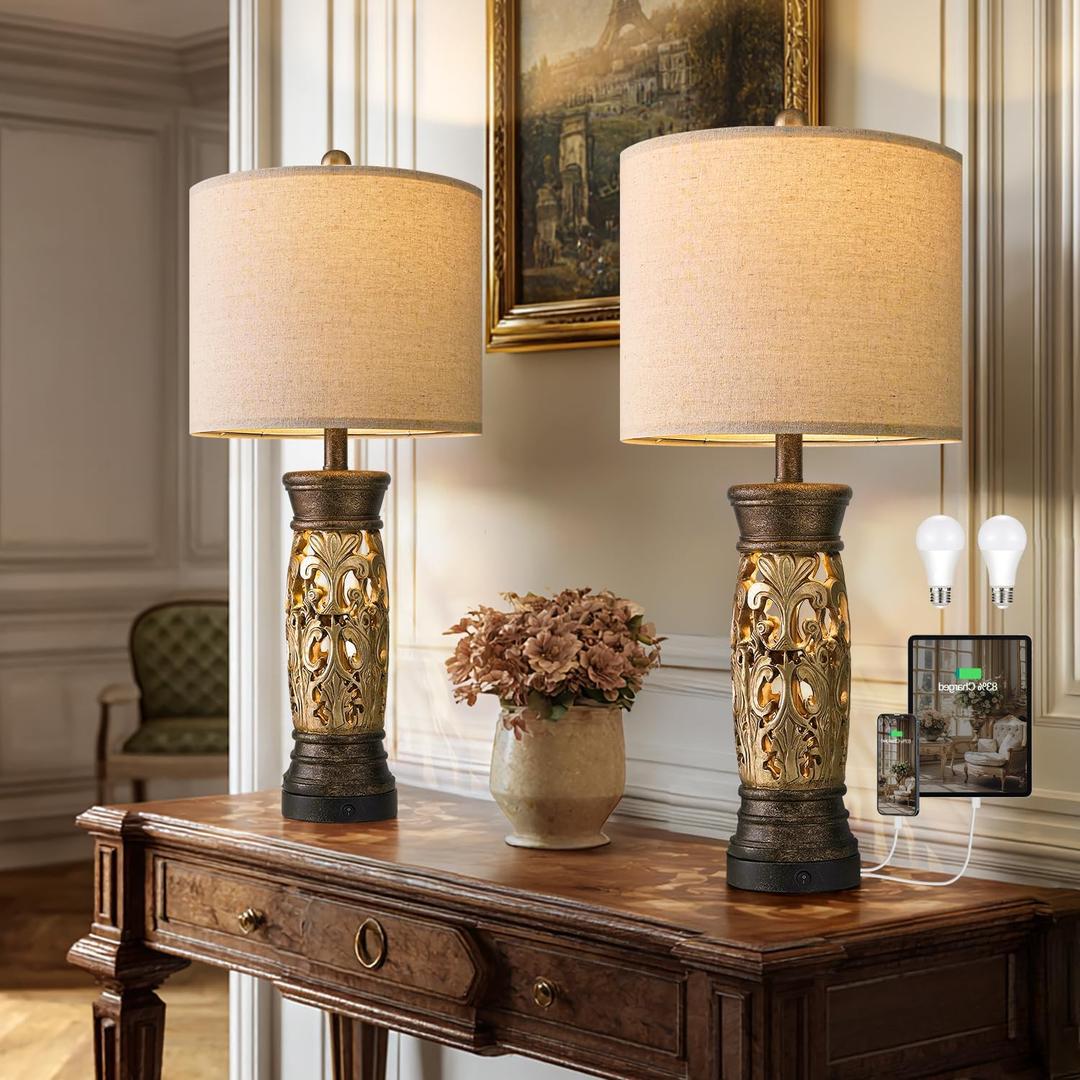 BOBOMOMO 27.25 Antique Gold Table Lamps Set of 2 Farmhouse Bedside Lamps with Night Light & USB A+C Ports, Vintage Lamps for Bedroom, Living Room, Entryway, Nursery, Reading Nook(Bulbs Included