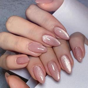 Almond Press on Nails Medium - Pink Fake Nails with Glitter Design - Glossy False Nails Full Cove Stick on - for Women 24 Pcs