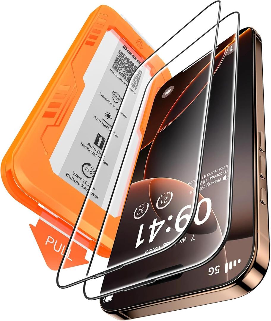 BossKiss for iPhone 16 Pro Max Screen Protector, TOP 9H Hardness Military Grade Shatterproof HD Tempered Glass, Full Coverage AntiScratch Easy Installation Case Friendly 2 Pack